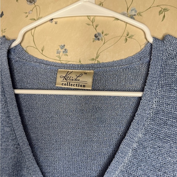 Y2K vintage knit lace detailing baby blue tie front cardigan sweater - Picture 3 of 7